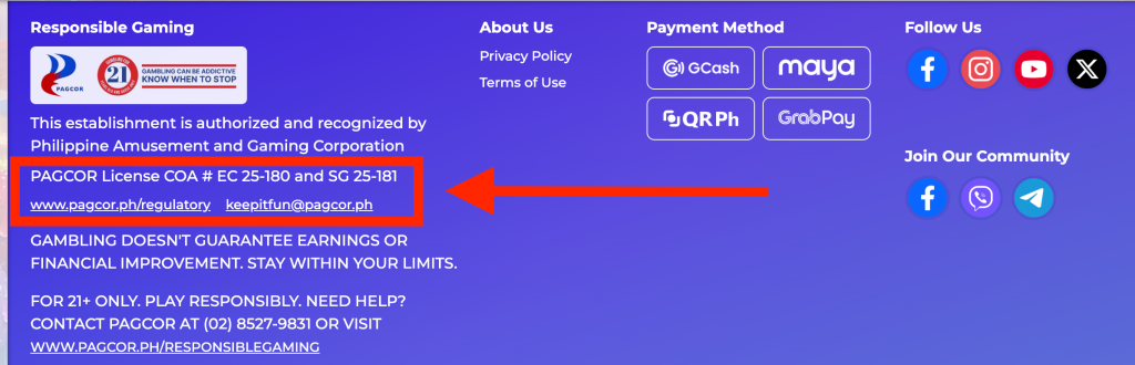Footer of MegaPerya.com including its PAGCOR license number