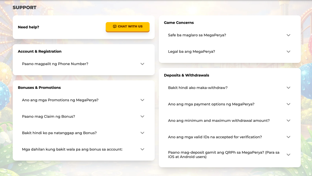 Screenshot of MegaPerya's support hub